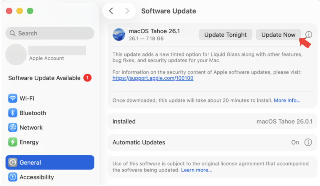 macOS Tahoe might be slow if there is a patch or update available that needs downloading. To check, go to System Settings, click on General > Software Update. If there is an update available, click on Update Now.