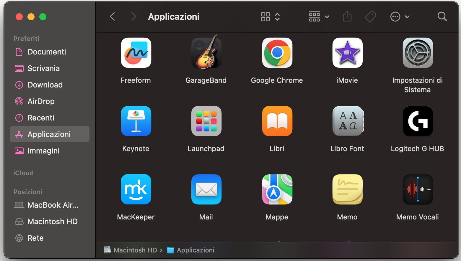 La cartella Applicazioni su Mac mostra le icone di tutte le app e i giochi installati. Rimuovi i software che non usi più per liberare spazio sul disco di avvio del Mac.