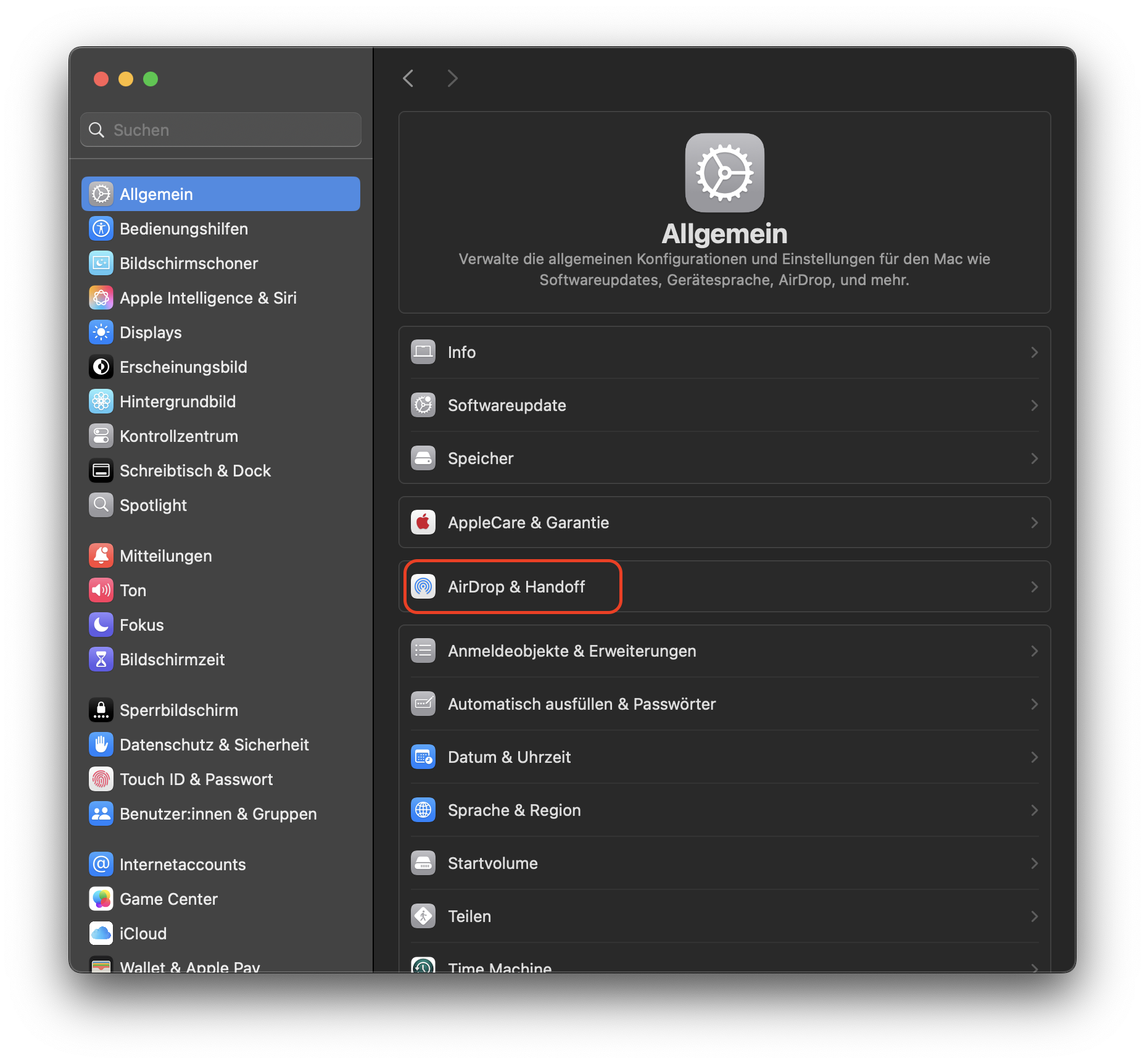 Um Airplay zu deaktivieren, wählen Sie die Option AirDrop & Handoff in der Seitenleiste. Dies ist eine der Lösungen, um das Problem zu beheben, dass Ihr Mac-Bildschirm beobachtet wird.
