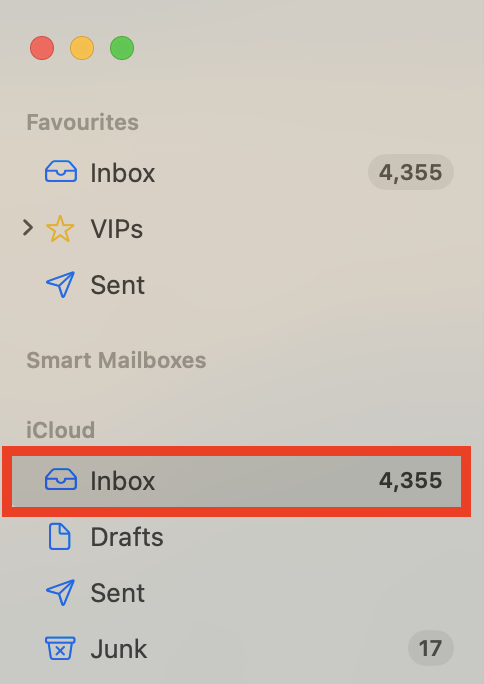 A list of mailboxes in the Apple Mail app. When Apple Mail search is not working on Mac, you can try rebuilding your mailbox to see if that fixes it.