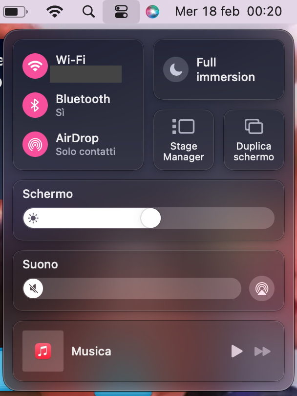 In alternativa, su macOS Sonoma puoi disattivare e riattivare il Bluetooth dalla barra dei menu: fai clic sull’icona Bluetooth e cambia lo stato usando l’interruttore on/off.