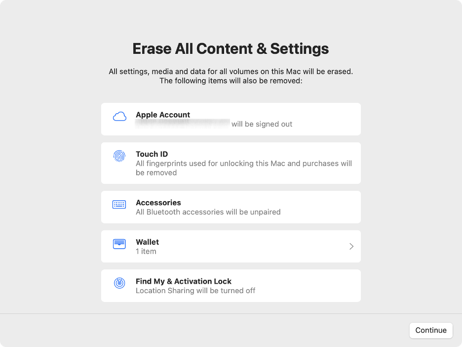 To erase your Mac to solve the com.apple.buildinfo.preflight.error, select the items to remove and click Continue.
