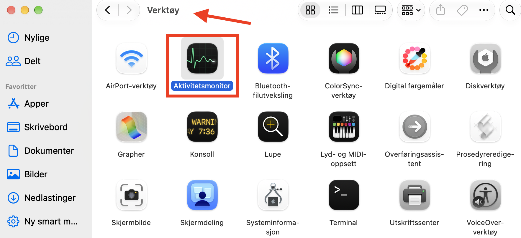 Ikonet for Aktivitetsmonitor i Verktøy-mappen i Finder på Mac. Bruk Aktivitetsmonitor for å finne mistenkelige prosesser hvis du vil vite hvordan du sjekker for skadelig programvare på Mac.