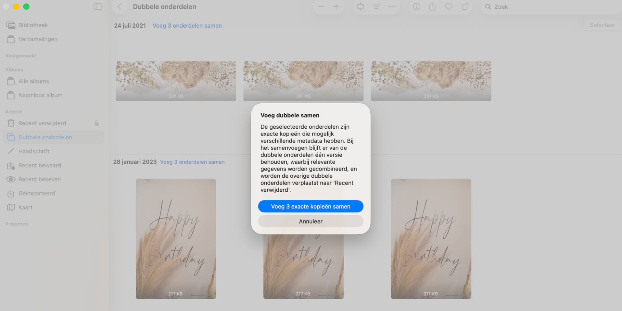 Bevestig tot slot dat je de dubbele foto’s wilt samenvoegen. De Foto’s-app verwijdert alle overbodige kopieën uit je bibliotheek, zodat er één exemplaar overblijft.