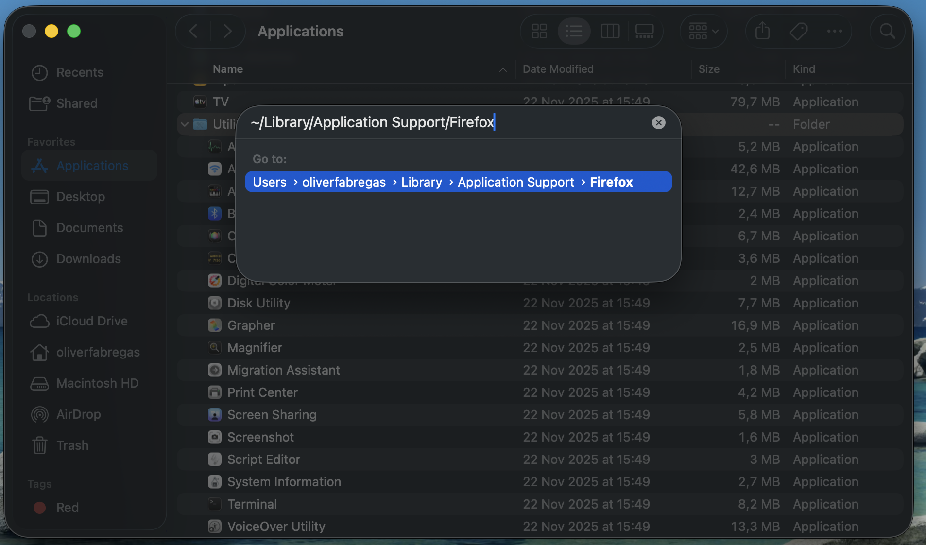 In the Go to Folder window on your Apple laptop, type each of the above-mentioned paths one at a time and look for any files or folders related to Mozilla or Firefox.