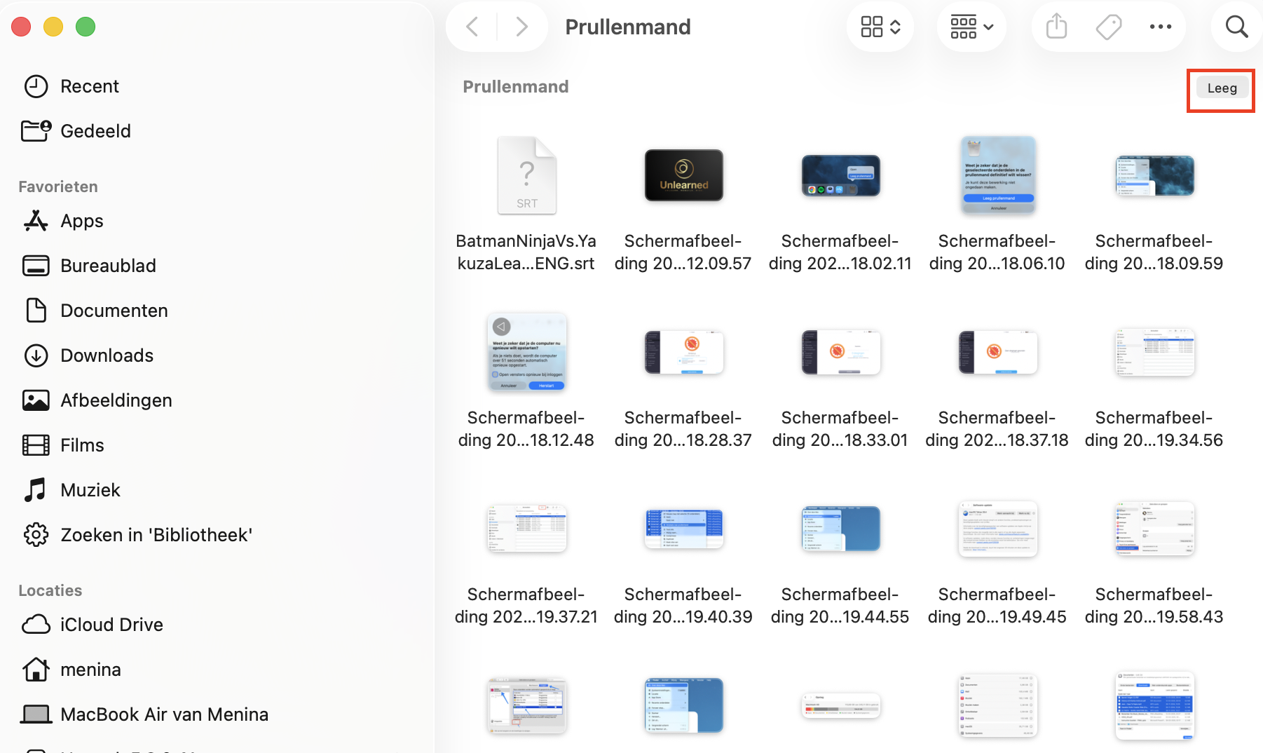 De Prullenmand op Mac met alle verwijderde bestanden. Klik op de knop Leeg om eventuele kwaadaardige apps die je hebt verwijderd te deïnstalleren.