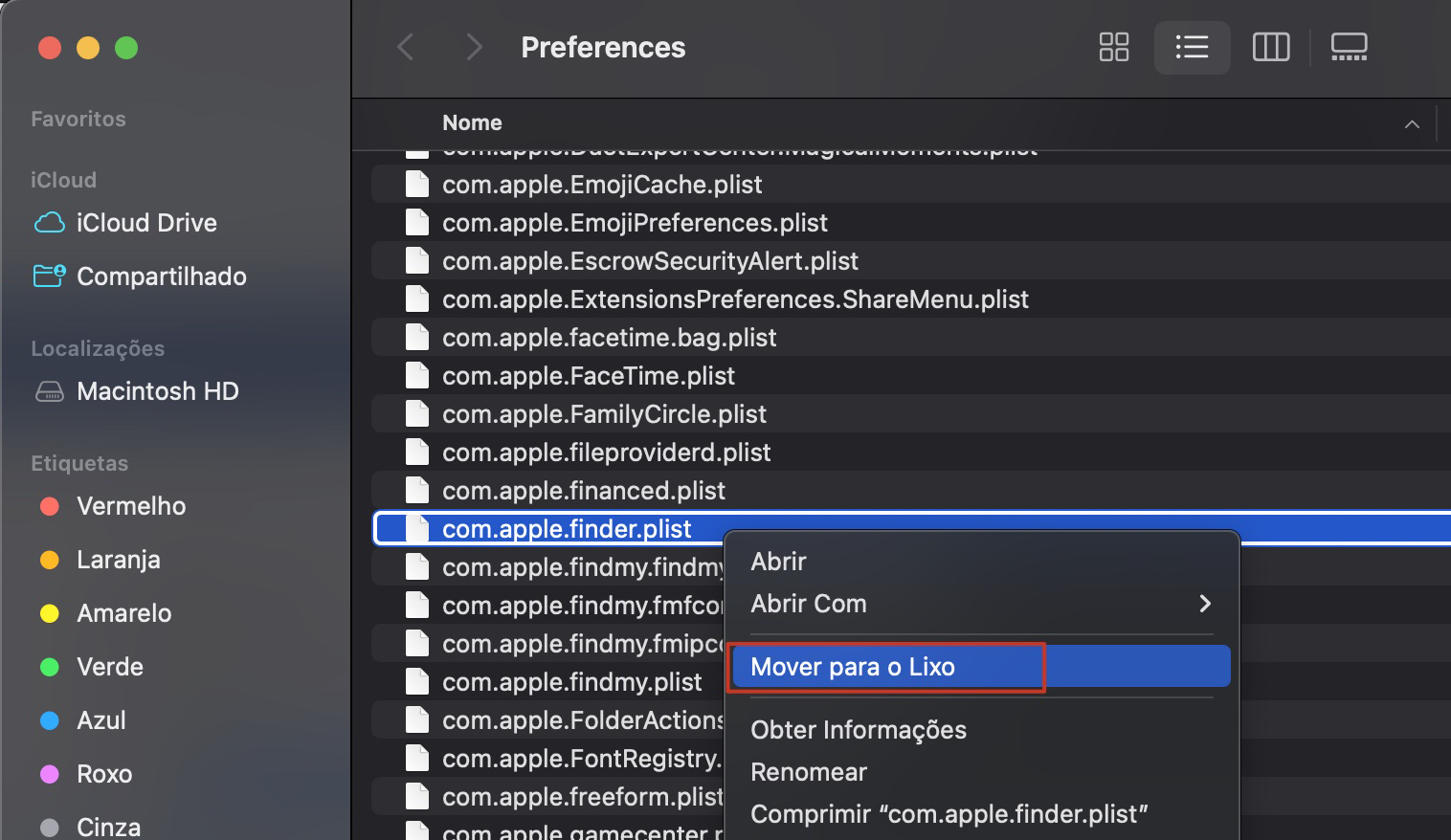 Para excluir os arquivos de preferências ou PLIST, procure o arquivo com.apple.finder.plist e faça um backup. Em seguida, arraste-o para o Lixo no Dock. Ou clique com o botão direito nele e escolha a opção Mover para o Lixo.