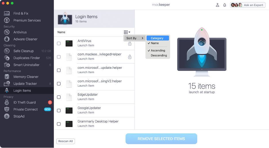 To use MacKeeper’s Login Items, sort the items by name to have a clearer view of your Mac’s login items.