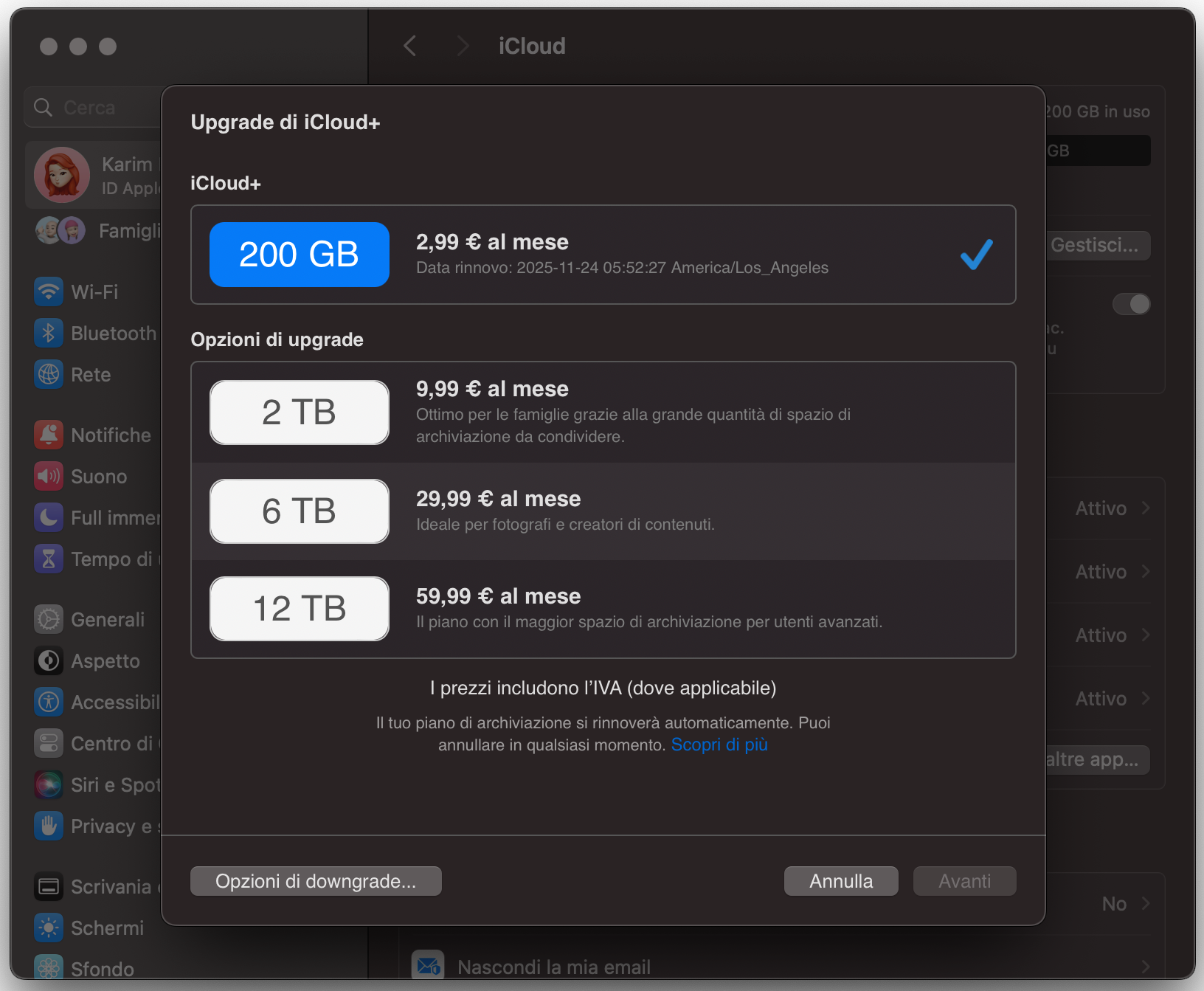 Quando compaiono le opzioni, puoi scegliere un minimo di 50 GB fino a oltre 2 TB. Seleziona quella che ritieni più adatta alle tue esigenze.