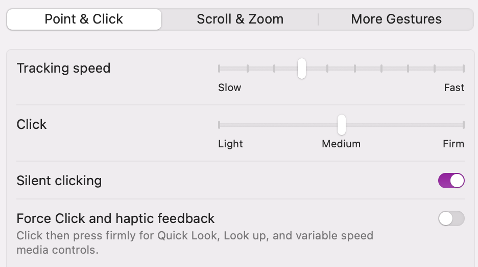 In system Settings, go back to Trackpad and select Point & Click. Next to Force Click and haptic feedback, turn it off to help fix left-click issues.