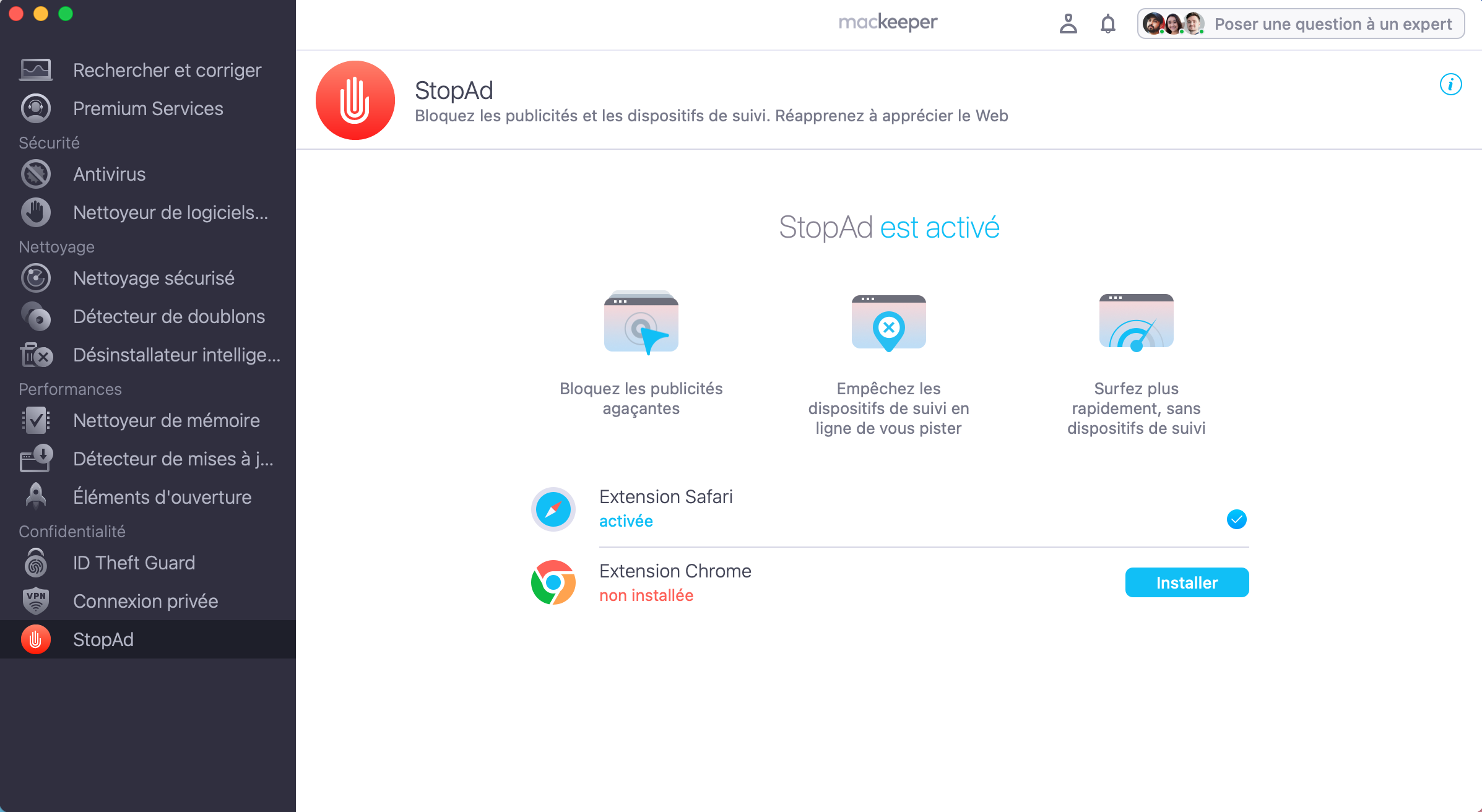 Pour bloquer les publicités et les sites web indésirables, lancez MacKeeper et sélectionnez StopAd en bas du menu. Sélectionnez votre navigateur préféré et activez-le. Cliquez encore sur Activer.