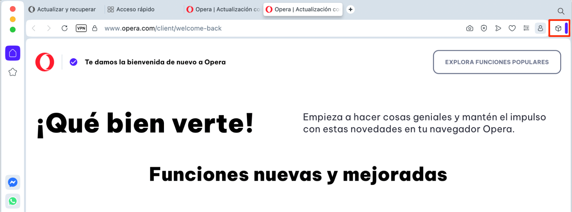 Opera para Mac, con el botón de Extensiones (un cubo) resaltado. Cómo quitar extensiones, como parte de una guía sobre cómo eliminar las ventanas emergentes falsas de McAfee en Mac.