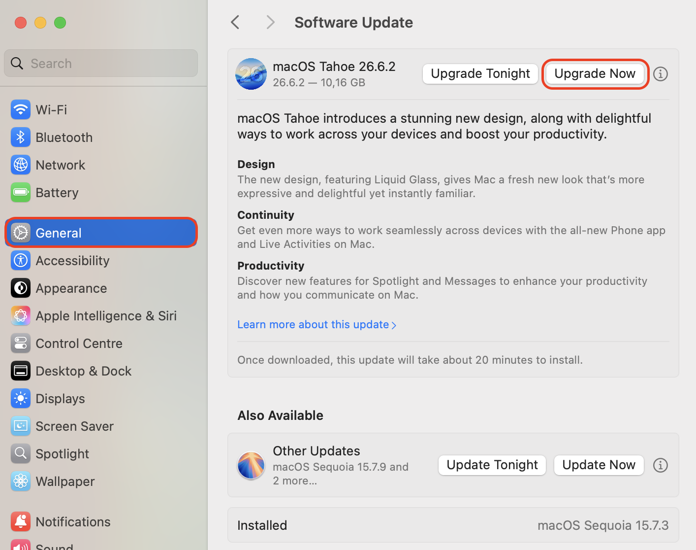 Open System Settings, go to General > Software Update, then click Upgrade Now next to macOS Tahoe 26.6.2 to start installing the new version.