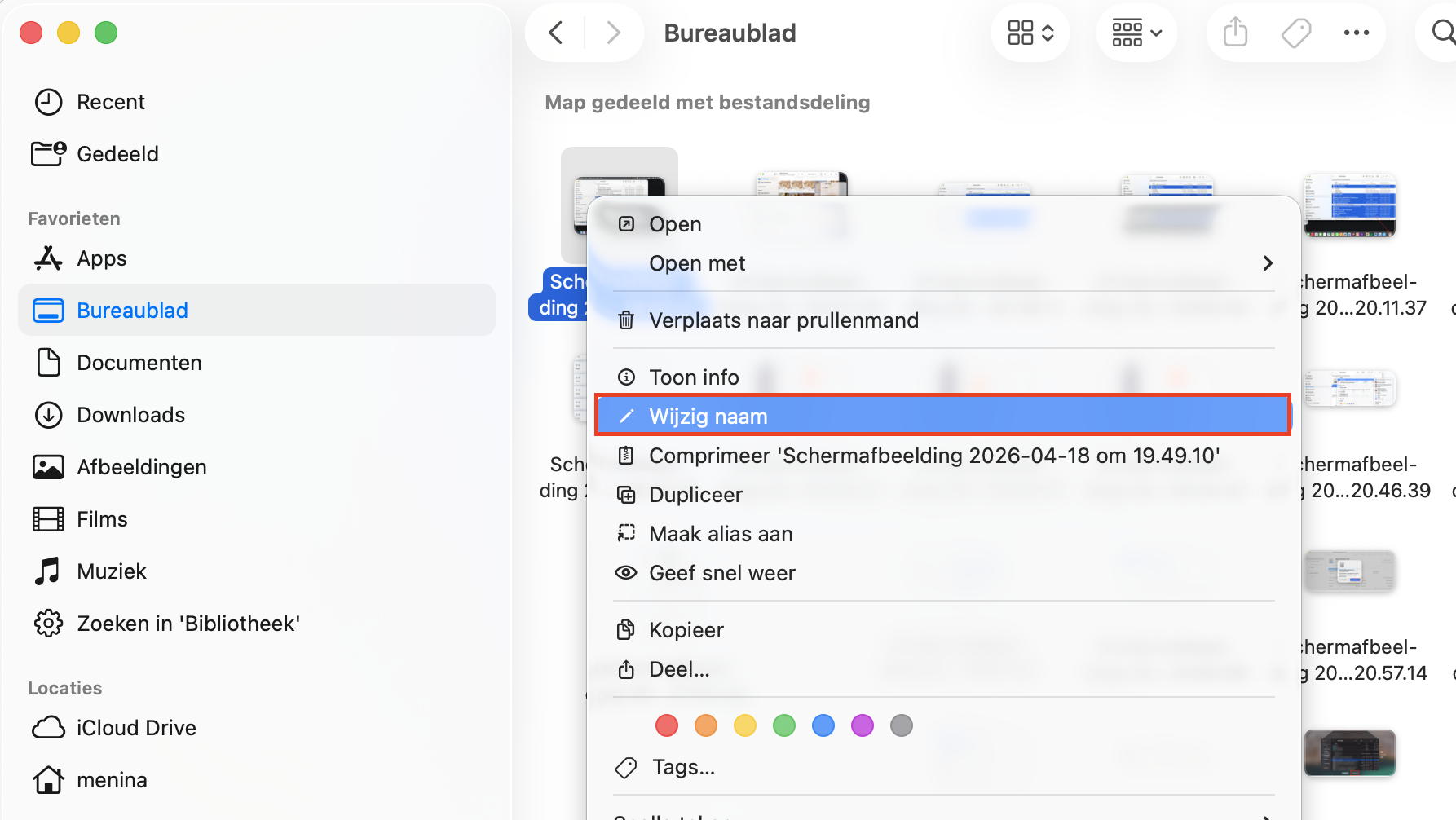 De optie Naam wijzigen in het contextmenu op Mac. Gebruik dit om het formaat van een bestand te wijzigen wanneer je beschadigde bestanden op een Mac moet herstellen.