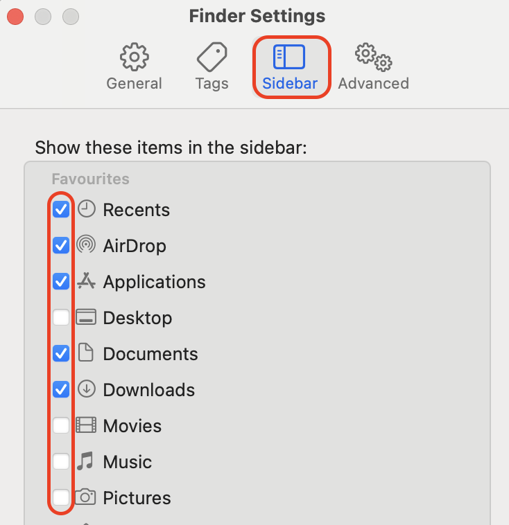 In Finder Settings, open the Sidebar tab and check folders like Downloads, Desktop, and Applications to make them appear in the Finder sidebar.