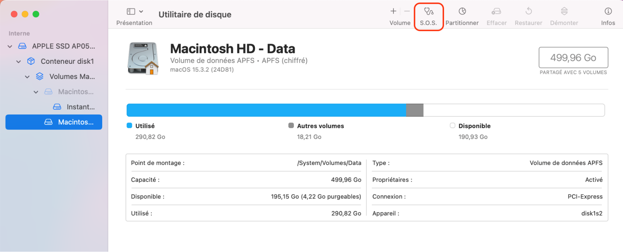 Dans l’Utilitaire de disque, cliquez sur le disque de démarrage dont vous voulez vérifier l’état et cliquez sur l’onglet S.O.S. dans l’encadré rouge.