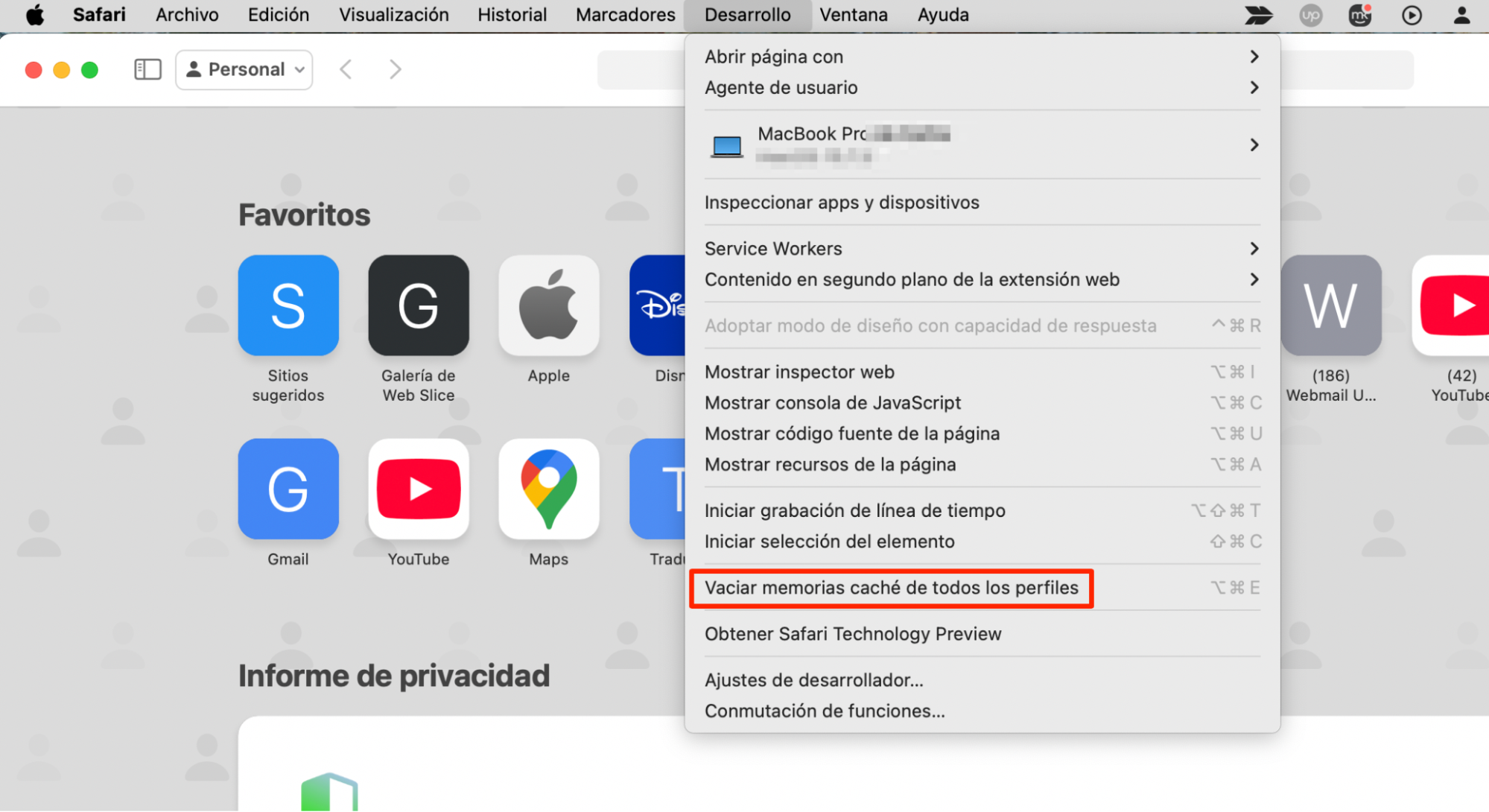 Safari, con el menú Desarrollo abierto y Vaciar cachés resaltado. Cómo borrar y restablecer Safari, como parte de una guía sobre cómo eliminar las ventanas emergentes falsas de McAfee en Mac.