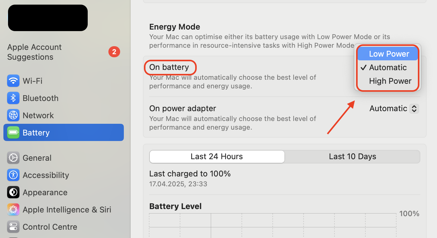 Open System Settings, go to Battery, and disable Low Power Mode to allow iCloud Photos to sync without energy-saving restrictions.