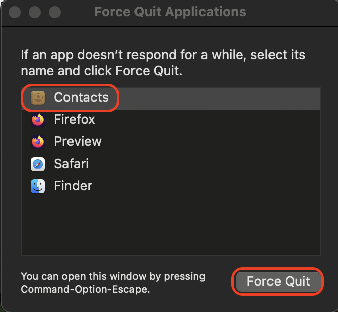 Open Spotlight using Command + Space, search for the Contacts app, and launch it after the reboot to reload your address book database and refresh syncing.