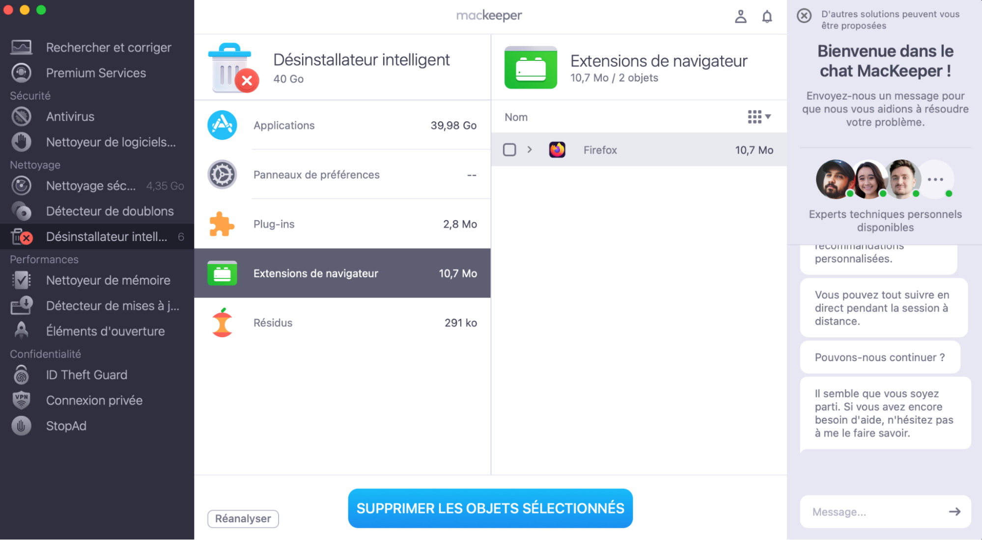 L'application MacKeeper affiche la fonction Désinstalleur Intelligent qui aide à supprimer les extensions indésirables de votre Mac.