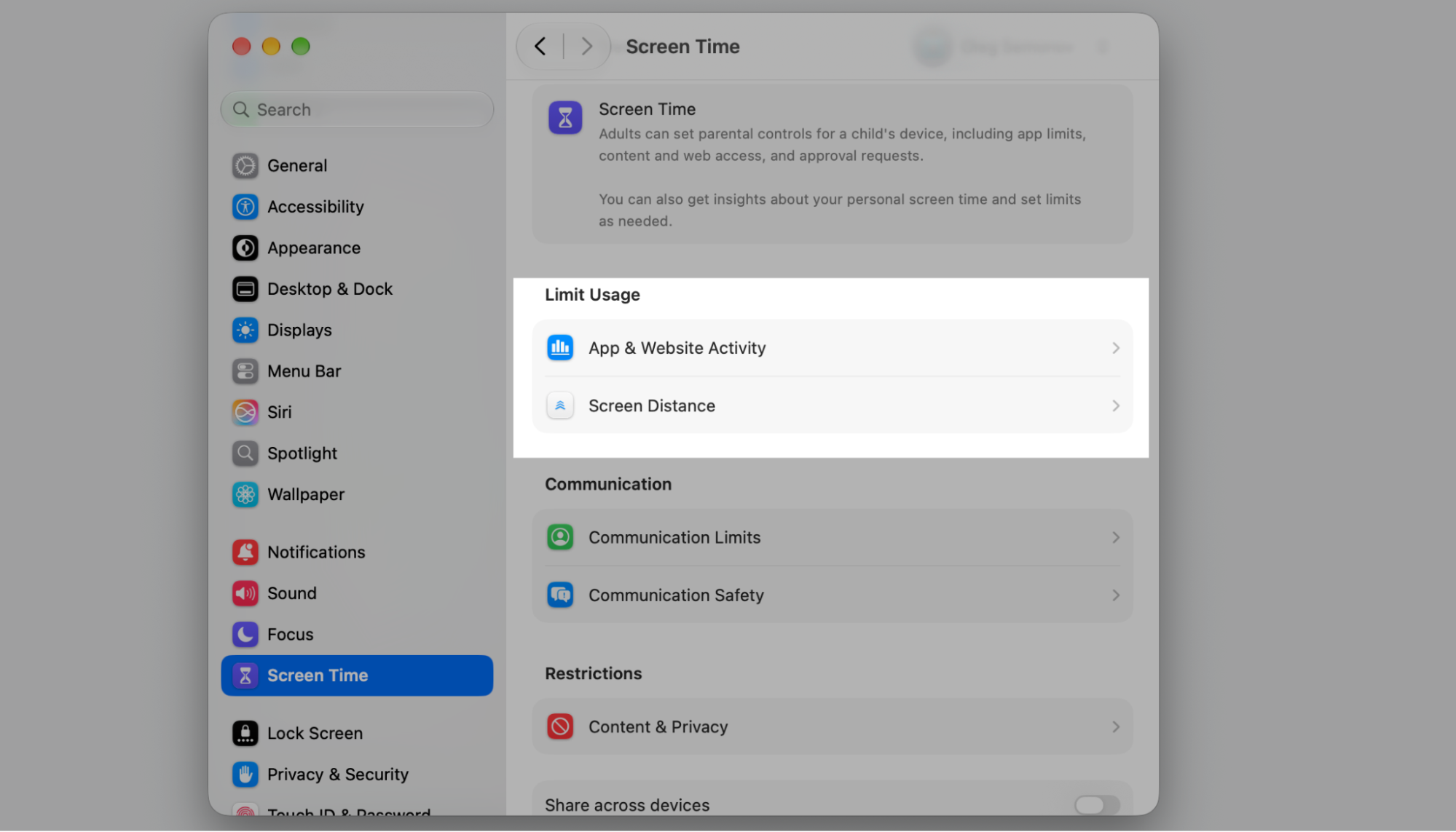 Screen Time tab in macOS System Settings with Limit Usage highlighted, showing App & Website Activity and Screen Distance on your Mac.