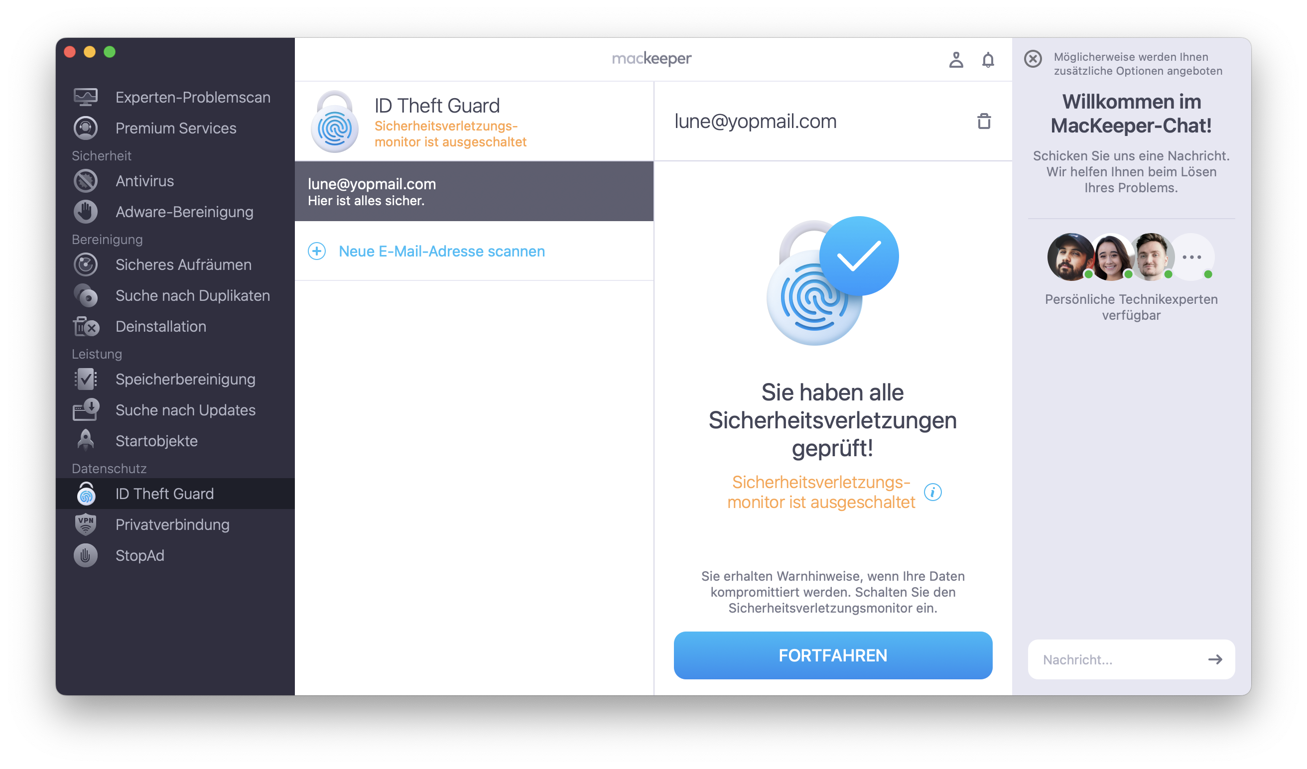 Um Ihre persönlichen Daten vor unbefugtem Zugriff zu schützen, starten Sie MacKeeper und wählen Sie ID Theft Guard. Klicken Sie auf Öffnen und wählen Sie Neue E-Mails scannen.