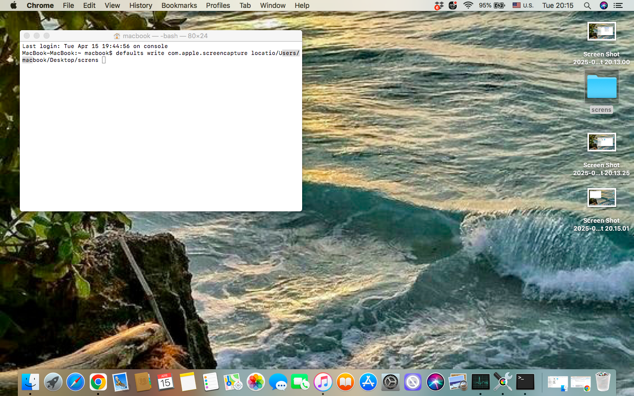 Open Terminal to continue changing the screenshot save location on Mac, then Insert the defaults write com.apple.screencapture location command in the Terminal window.