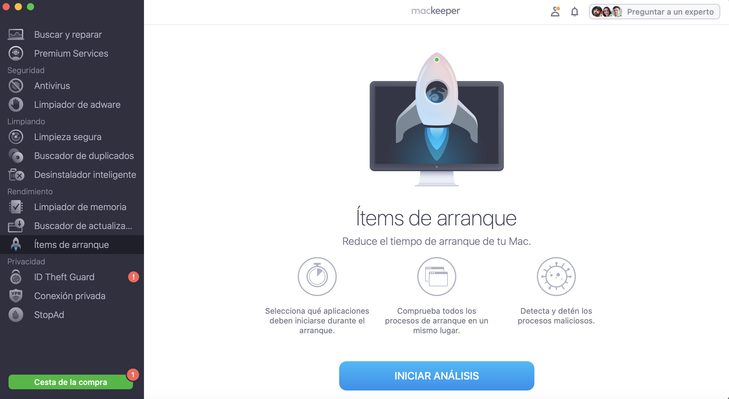 Para seleccionar las aplicaciones que deseas ejecutar al iniciar tu Mac, utiliza la herramienta Elementos de inicio de sesión de MacKeeper. Abre MacKeeper, ve a Elementos de inicio de sesión y haz clic en Iniciar análisis.