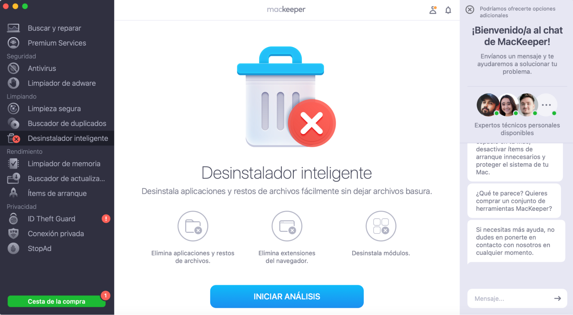 Para eliminar archivos innecesarios de tu Mac, ejecuta MacKeeper y selecciona Desinstalador inteligente a la izquierda. Haz clic en Iniciar análisis.