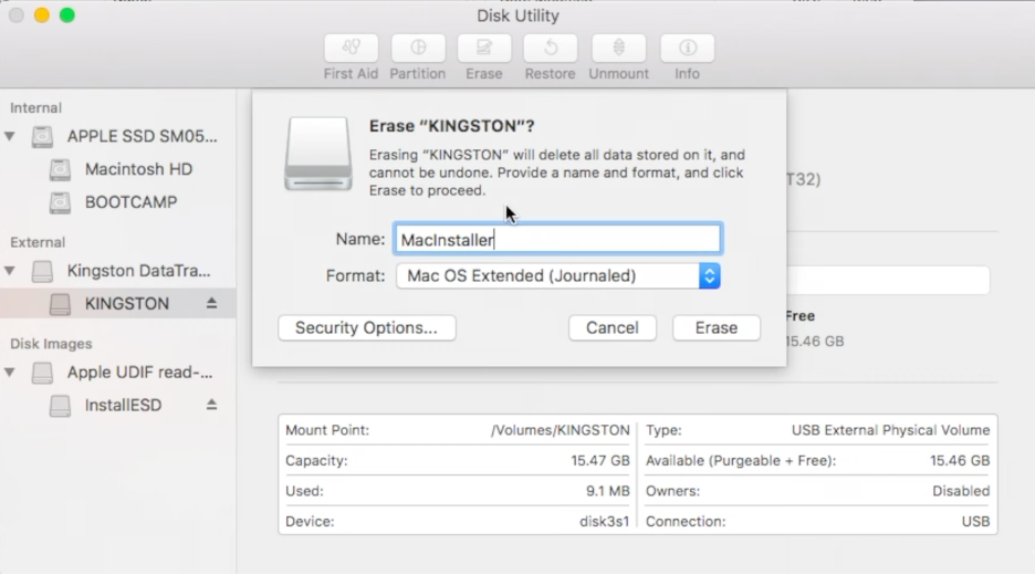 To format your external disk and create a bootable installer in a High Sierra Mac, choose a name and select the Mac OS Extended format.