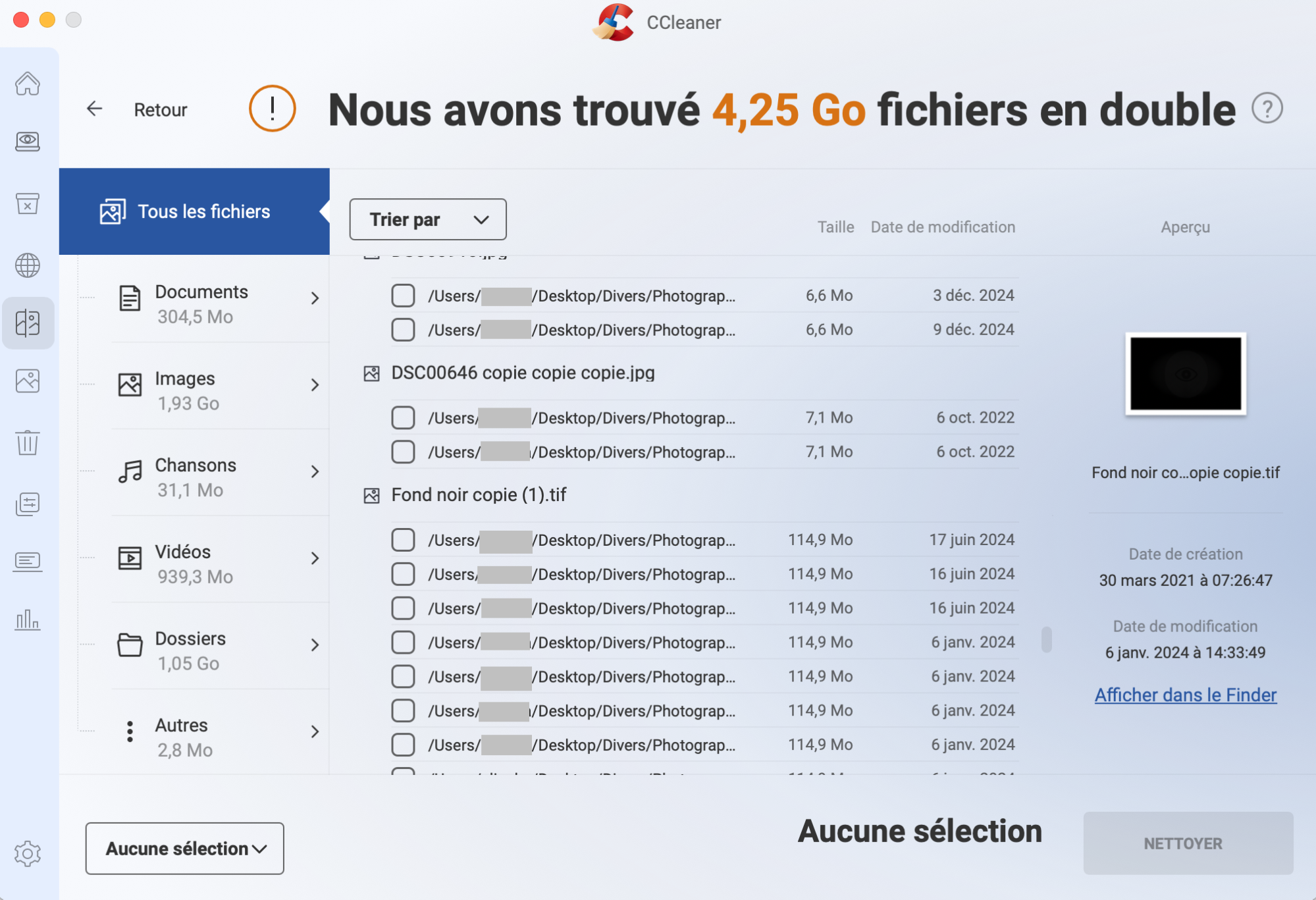 Utilisez CCleaner pour Mac afin de trouver les fichiers en double. Une fois cela fait, vous pouvez les supprimer sans causer trop de problèmes sur les autres parties de votre appareil. Supprimez les doublons de toutes sortes.