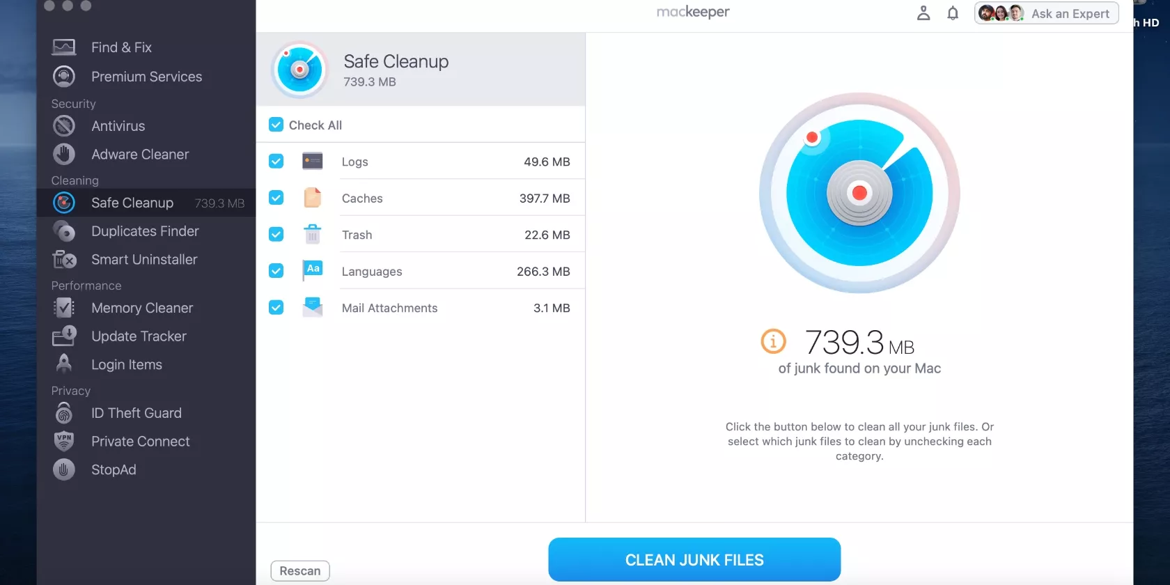 With MacKeeper’s Safe Cleanup tool open, view the scan results and then hit the Clean Junk files at the bottom of the window to remove them.