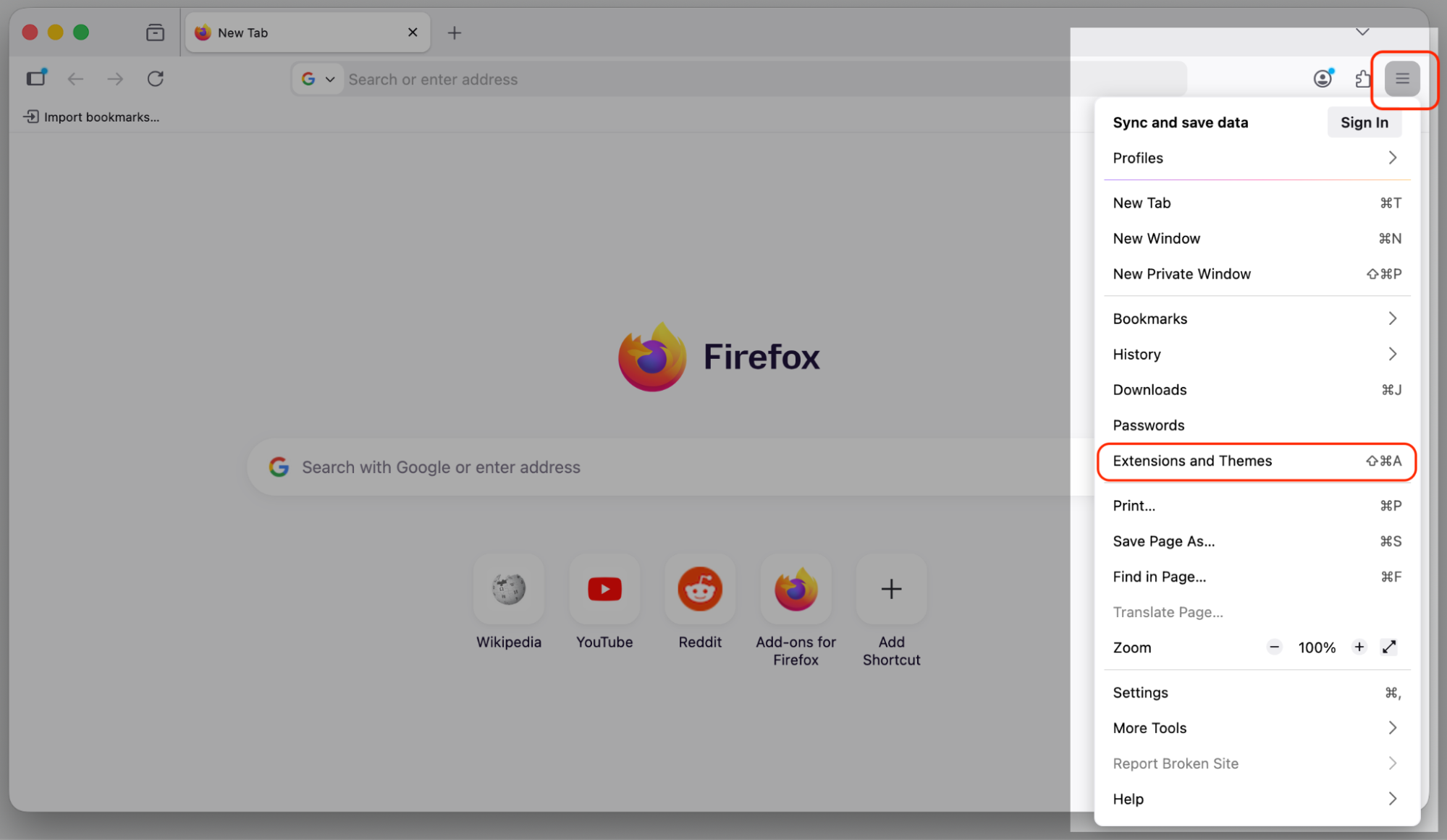 The Firefox three-line menu opens on a MacBook with Extensions and Themes highlighted to start removing Chromium-related add-ons on macOS.