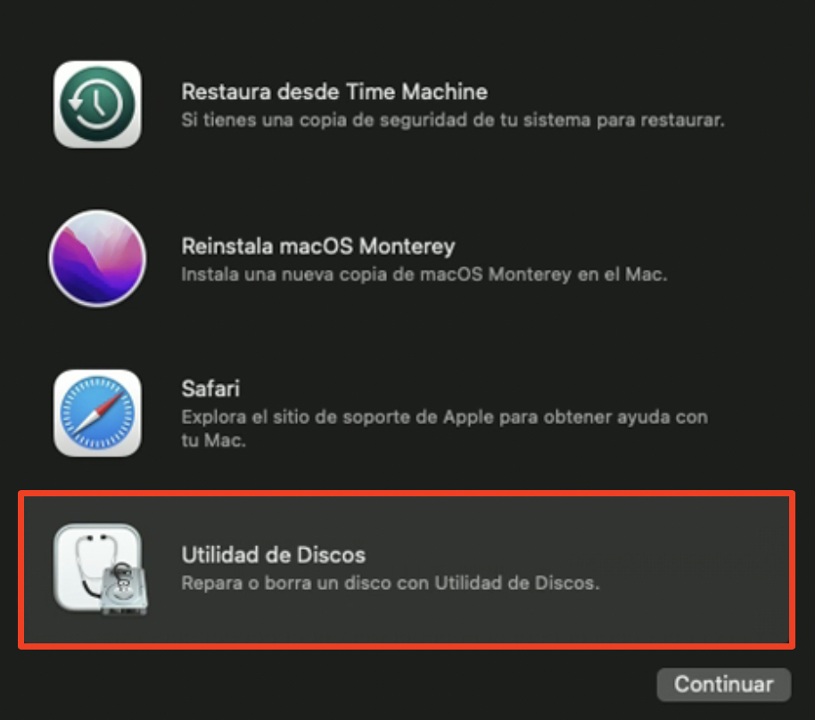 Desde aquí, verás el menú de Utilidades de macOS. Elige Utilidad de Discos para borrar el disco de inicio.