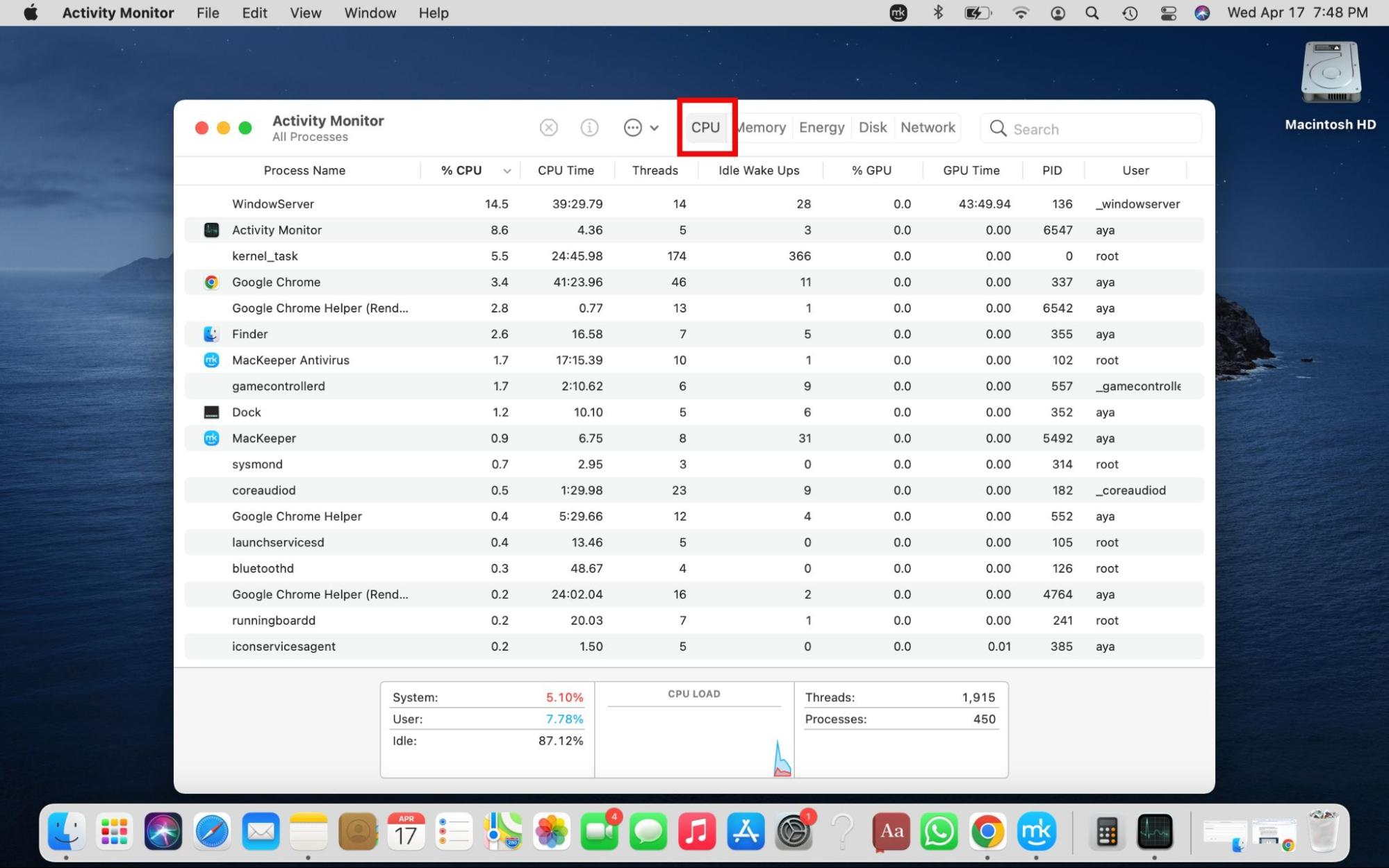Activity Monitor is opened on a Mac. Click on the CPU tab at the top of the window to force quit processes via Activity Monitor.