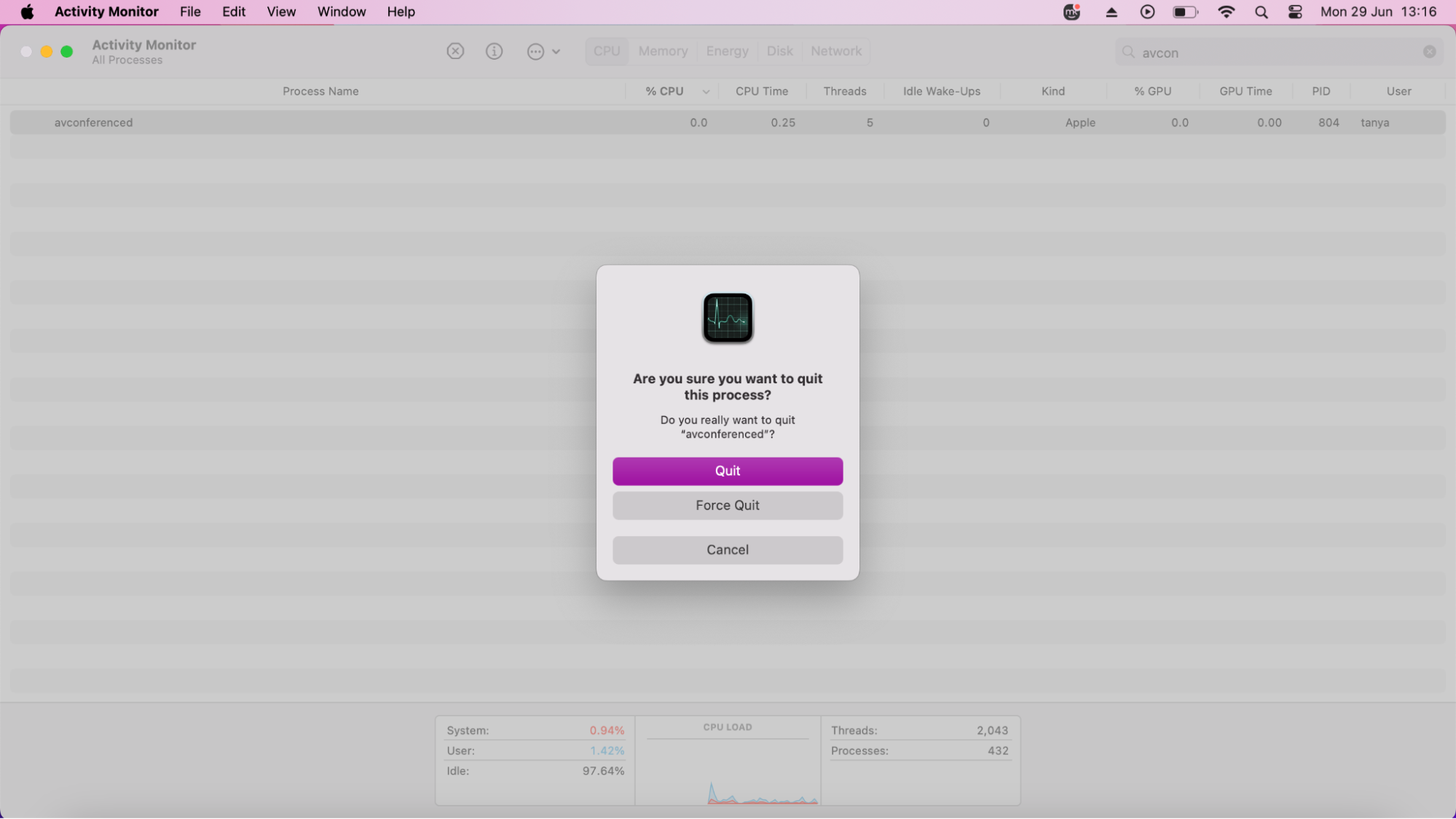 Finally, you can go back into Activity Monitor to check if the apps you’ve disabled have helped reduce the CPU levels associated to avconferened.