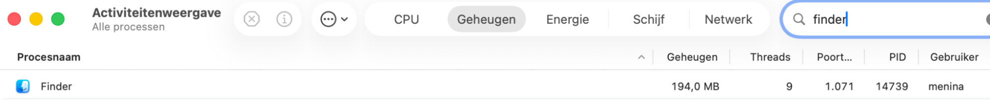 Wanneer je Activiteitenweergave opent, ga je naar de zoekbalk in de app en typ je Finder. Het programma verschijnt opnieuw meestal bovenaan je zoekresultaten.