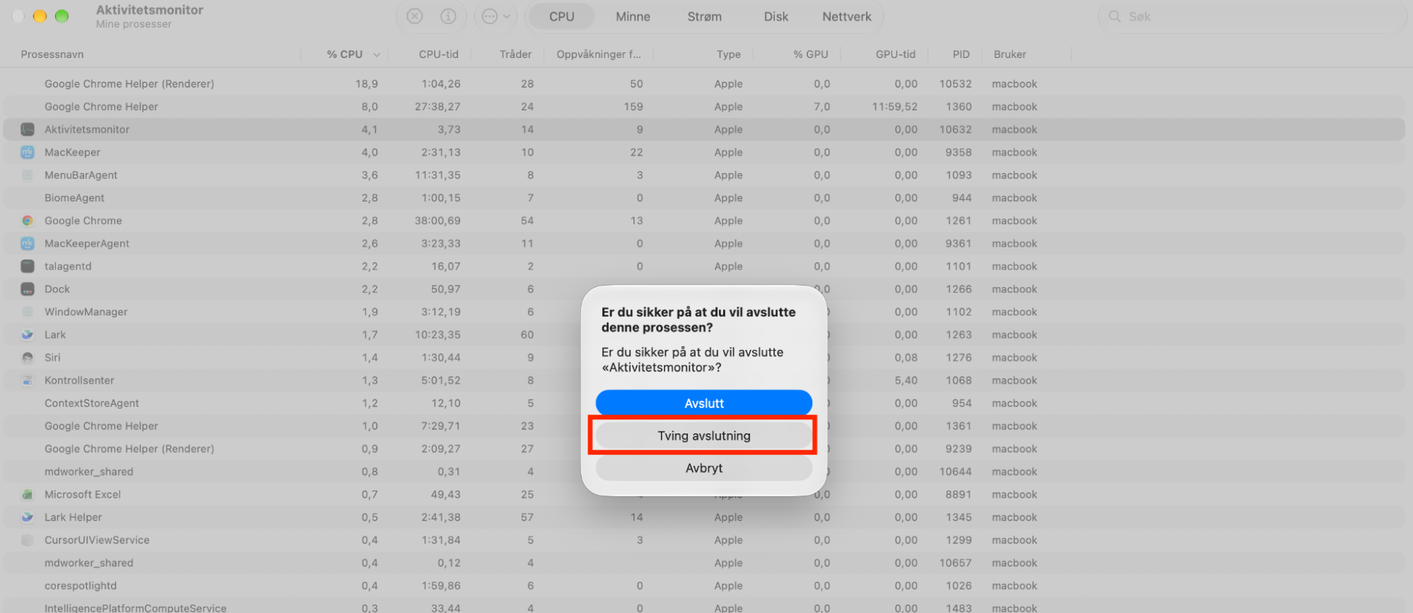 En bekreftelsesmelding for å avslutte en aktiv prosess i Aktivitetsmonitor på Mac. Hvis du sjekker for skadelig programvare på Mac og finner en mistenkelig prosess, tvangsavslutter du den før du fjerner den.