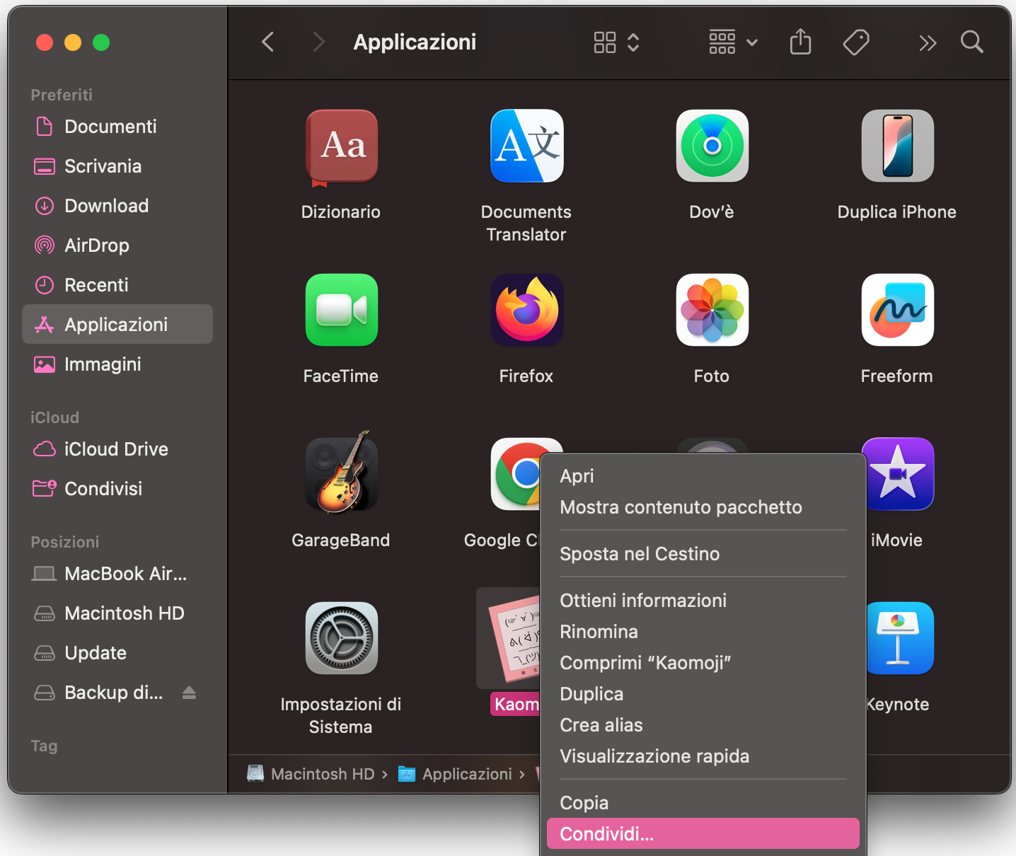 Il menu contestuale su Mac mostra l’opzione Condividi. Fai clic su Condividi per inviare un’app al nuovo Mac tramite AirDrop senza usare Assistente Migrazione.