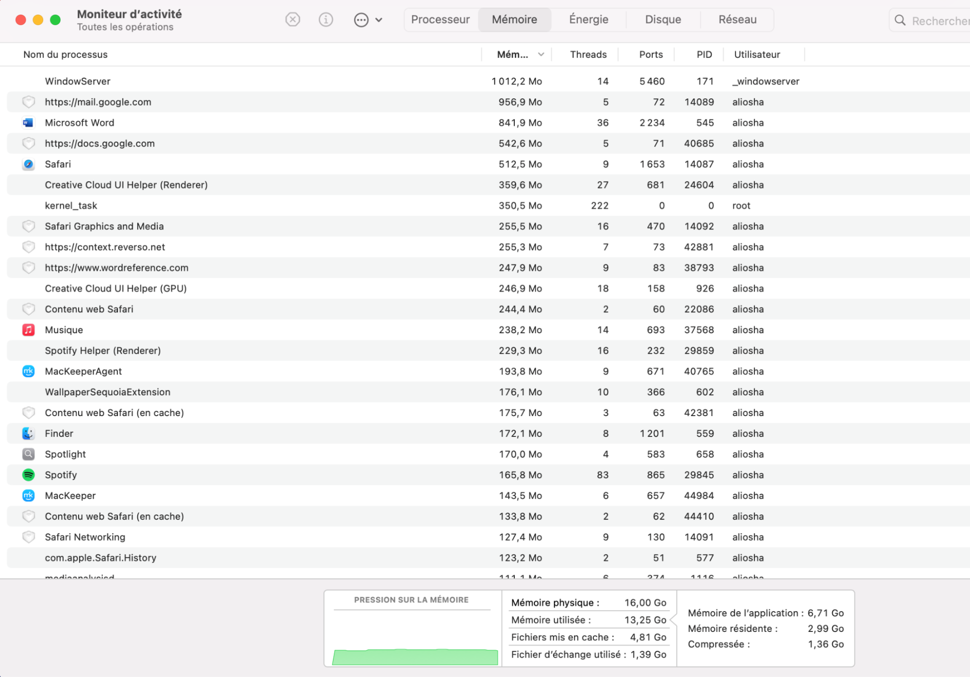Vous pouvez ensuite aller dans l’onglet Mémoire et chercher des éléments qui ne vous sont pas familiers et semblent utiliser beaucoup de mémoire. Les opérations gourmandes en ressources peuvent signaler une activité malveillante et être à l’origine du ralentissement de votre Mac au démarrage.