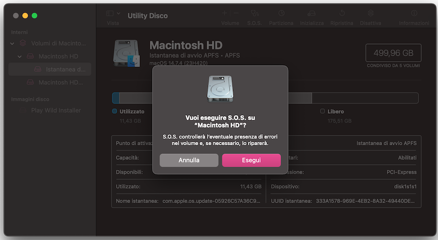L’app Utility Disco ti chiederà se desideri eseguire il controllo S.O.S. sull’elemento selezionato. Conferma cliccando su Esegui.