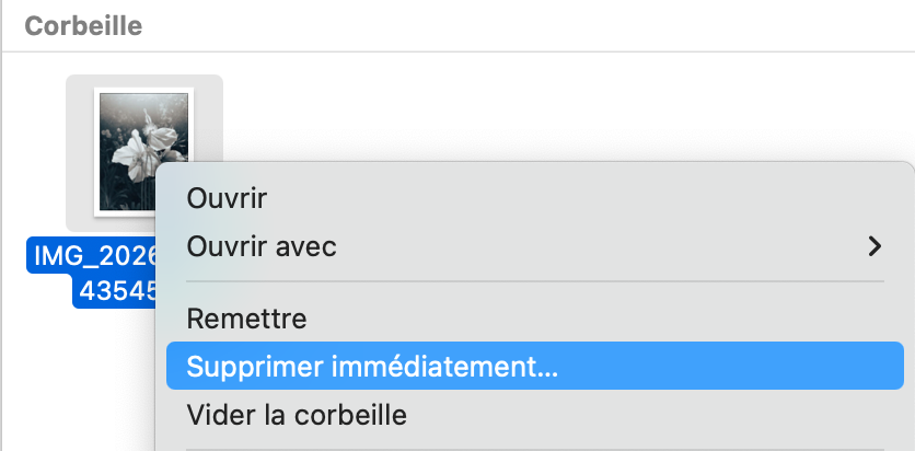 Si vous n'arrivez toujours pas à vider la corbeille sur votre Mac, cherchez le fichier que vous voulez supprimer. Cliquez ensuite sur le bouton Supprimer immédiatement.
