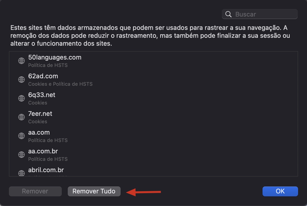 Uma lista de todos os dados de sites salvos dentro do Safari no Mac. Clique em Remover Tudo para excluir todos os dados e redefinir suas configurações.