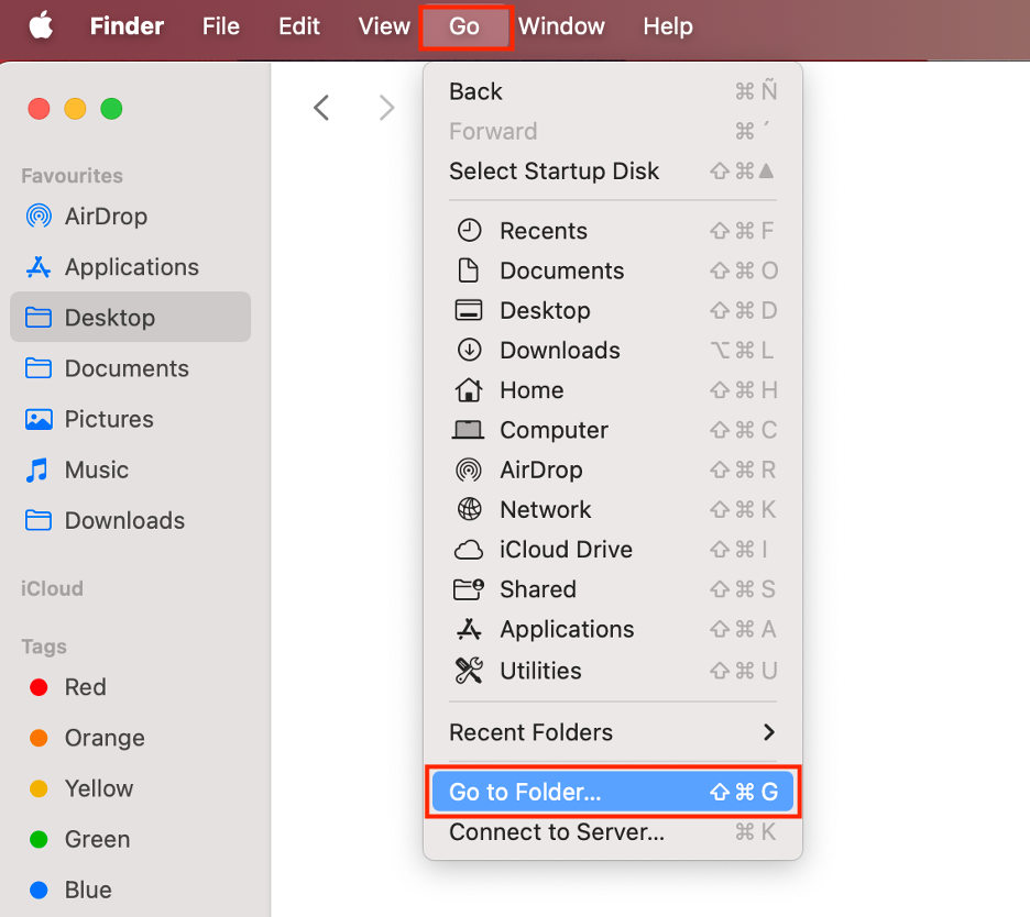 To clear system folders on a Mac, open Finder, select Go in the menu bar, then choose Go to Folder.