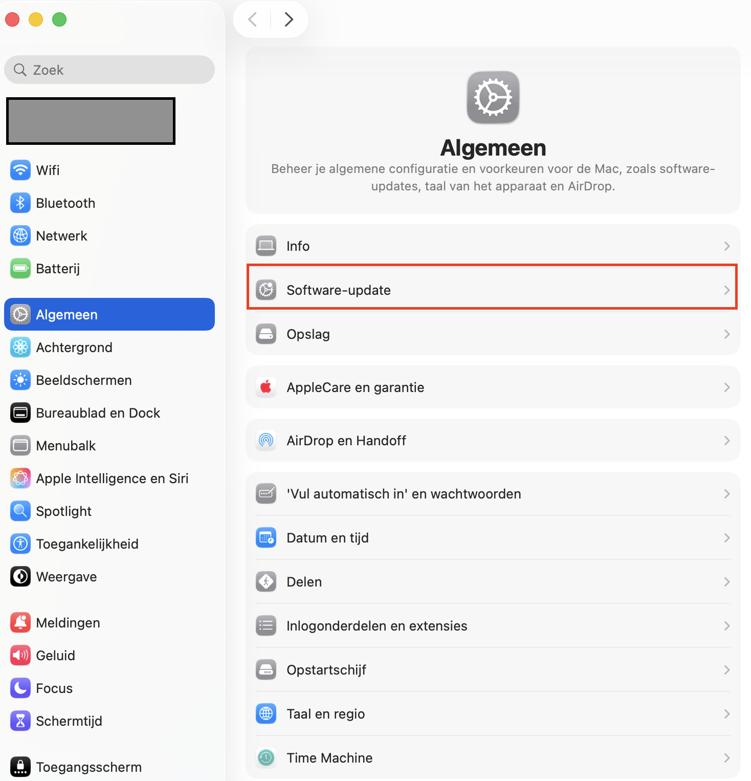 Open de Systeeminstellingen op je Mac, klik op Algemeen en vervolgens op Software-update. Hier kun je controleren of de beveiligingsupdates zijn ingeschakeld.