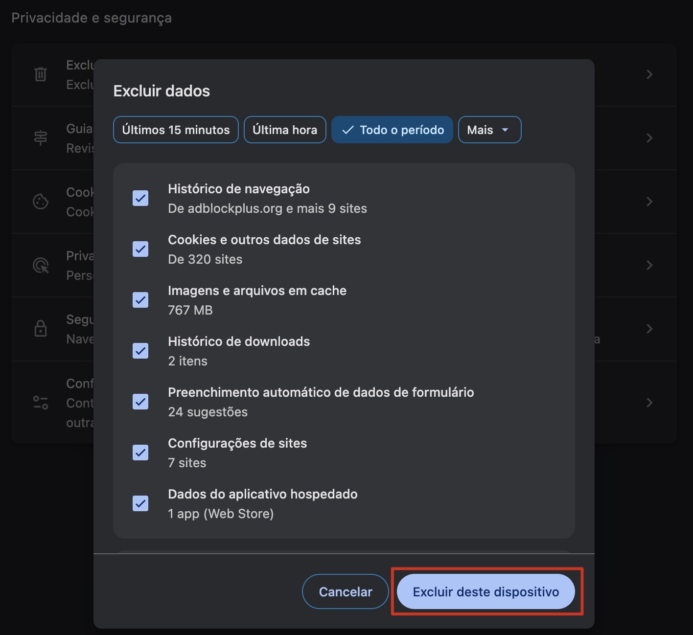 Opção Excluir Dados de Navegação do Chrome, com Excluir deste dispositivo destacado. Como redefinir o Chrome, como parte de um guia sobre como parar pop-ups falsos do McAfee no Mac.