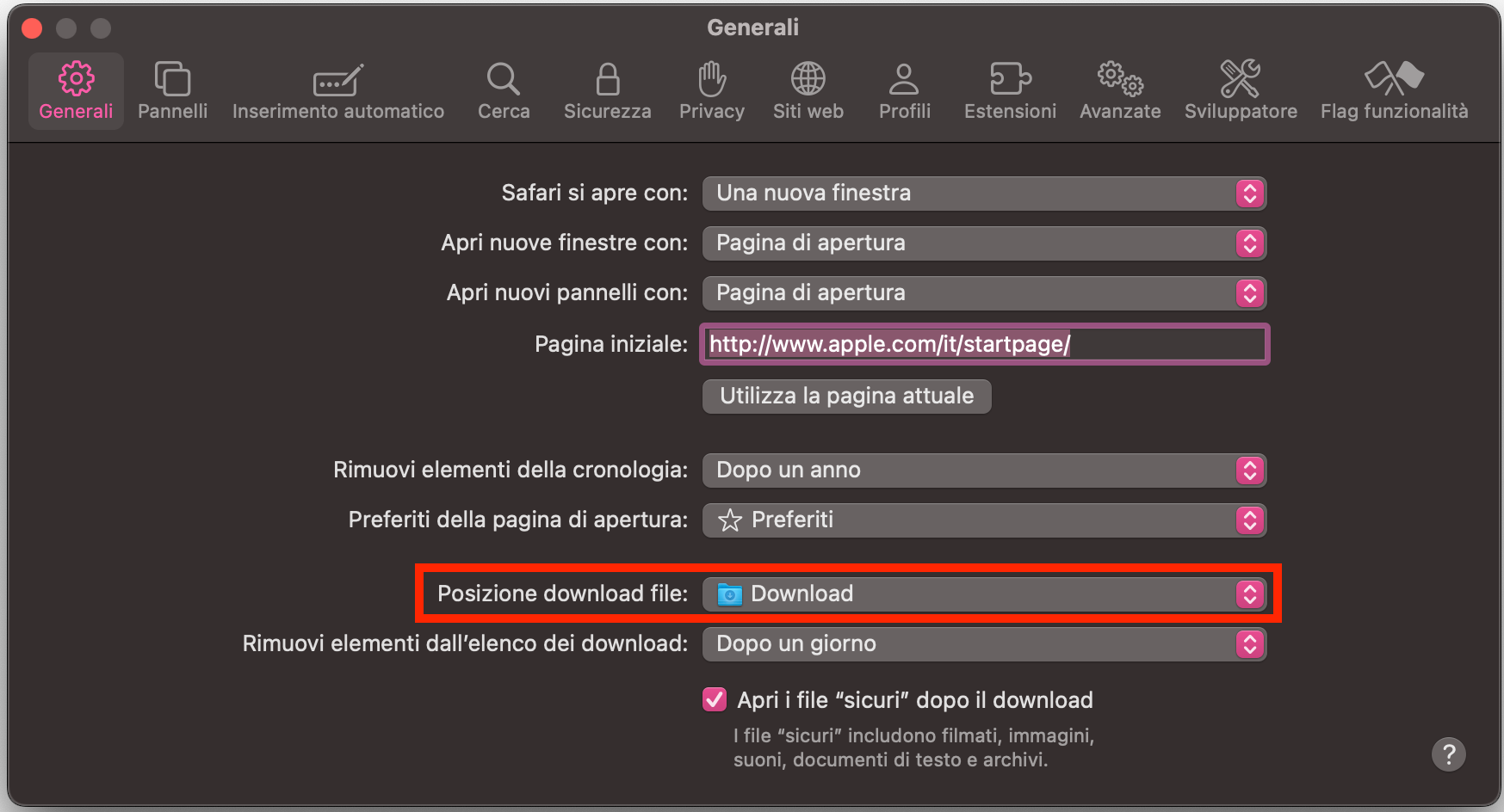 Se vuoi controllare o modificare la posizione della cartella Download sul Mac, apri Safari e seleziona Safari dalla barra dei menu in alto. Poi seleziona Impostazioni e controlla la sezione Posizione download file.