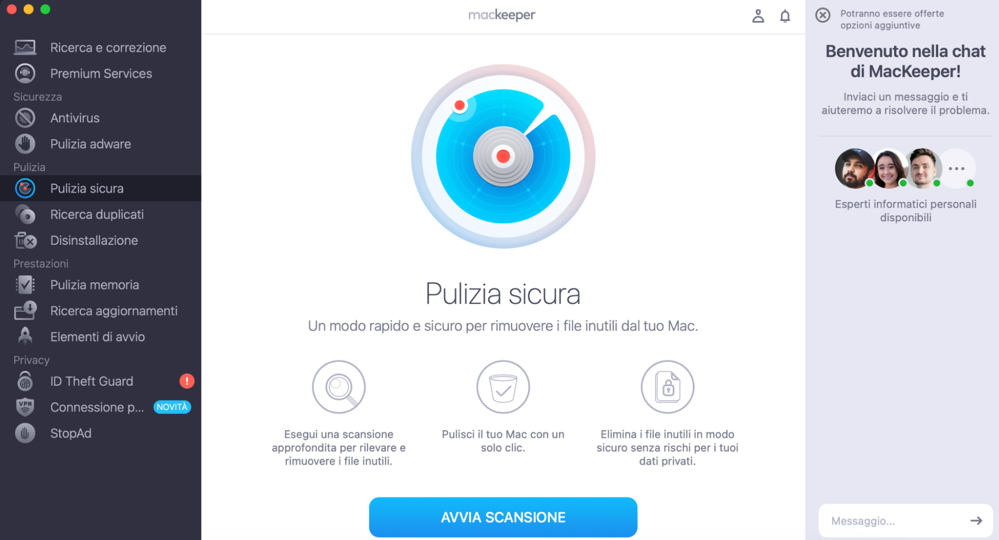 Per pulire la cartella Altro sullo spazio di archiviazione del tuo Mac e liberare spazio, usa MacKeeper Safe Cleanup. Avvia MacKeeper e seleziona Safe Cleanup a sinistra, quindi fai clic sul pulsante Avvia scansione.