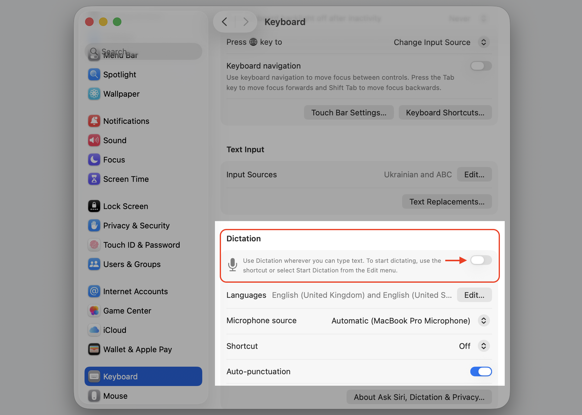 The Dictation pane in macOS System Settings Keyboard on a MacBook, checked to confirm Dictation is off so it does not capture shortcut keys.