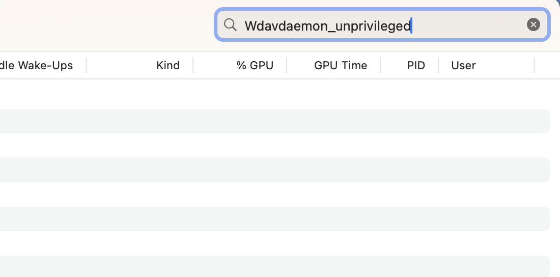 Once you've opened Activity Monitor, you'll notice a search bar in the top right-hand corner. Here, type Wdavdaemon_unprivileged and find its CPU usage.